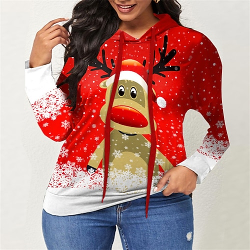 

Women's Plus Size Christmas Tops Hoodie Sweatshirt Animal Deer Print Long Sleeve Hooded Casual Festival Home Polyester Winter Fall Green Black