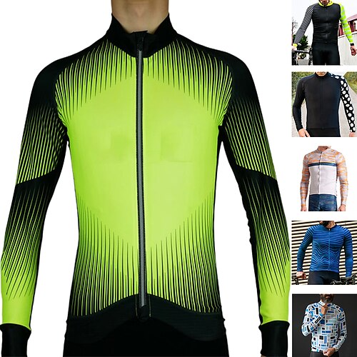 

21Grams Men's Cycling Jersey Long Sleeve Bike Jersey Top with 3 Rear Pockets Mountain Bike MTB Road Bike Cycling Breathable Quick Dry Moisture Wicking Reflective Strips Black Green Orange Stripes