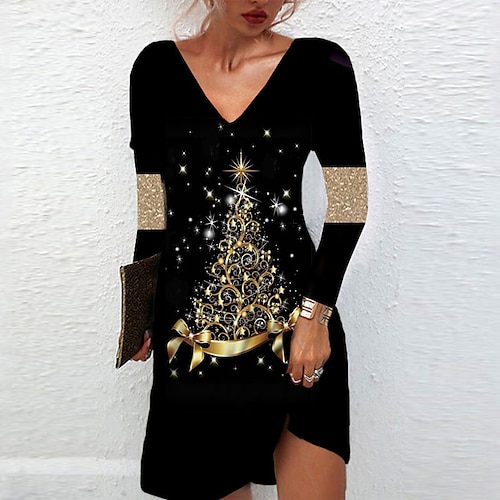 

Women's Casual Dress T Shirt Dress Tee Dress Shift Dress Mini Dress Gold Long Sleeve Christmas Tree Pocket Winter Fall Autumn V Neck Fashion Christmas Daily 2022 S M L XL XXL 3XL