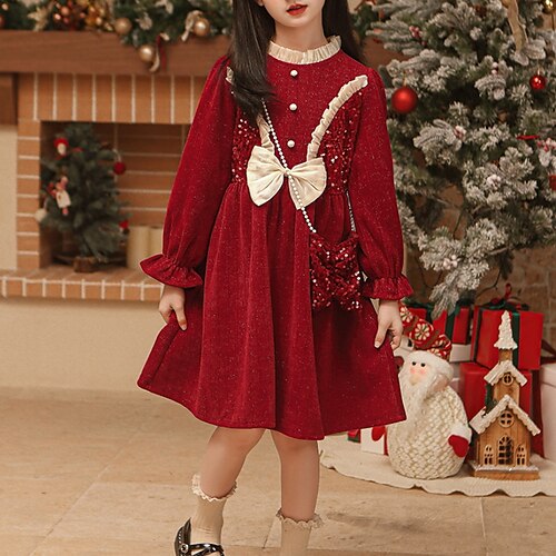 

Kids Girls' Christmas Dress Solid Color A Line Dress Above Knee Dress Anniversary Crew Neck Long Sleeve Daily Dress 5-13 Years Winter Red