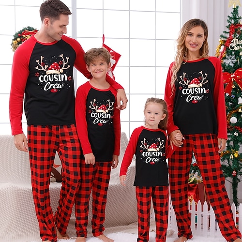 

Christmas Pajamas Family Plaid Letter Elk Home Red Long Sleeve Basic Matching Outfits