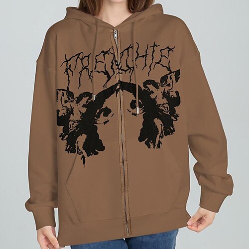 

Women's Hoodied Jacket Causal Zipper Letter Breathable Punk Regular Fit Outerwear Long Sleeve Winter Black S