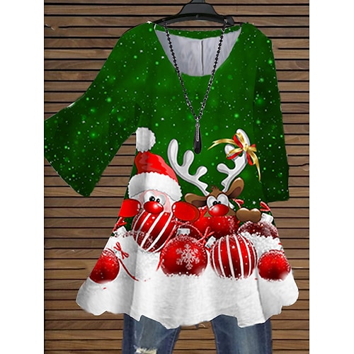 

Women's Plus Size Christmas Tops Blouse Shirt Deer Santa Claus Print 3/4 Length Sleeve Crew Neck Casual Festival Daily Cotton Spandex Jersey Winter Fall Green Wine
