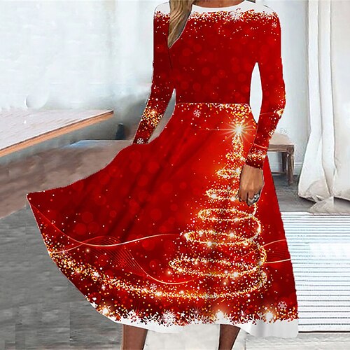 

Women's Casual Dress Swing Dress Midi Dress Blue Wine Long Sleeve Christmas Tree Pocket Winter Fall Spring Crew Neck Fashion Christmas Daily Weekend 2022 S M L XL XXL 3XL