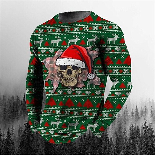 

Men's T shirt Tee Skull Graphic Prints Crew Neck Green / Red Green Black Red 3D Print Christmas Daily Long Sleeve Print Clothing Apparel Basic Streetwear Designer Casual