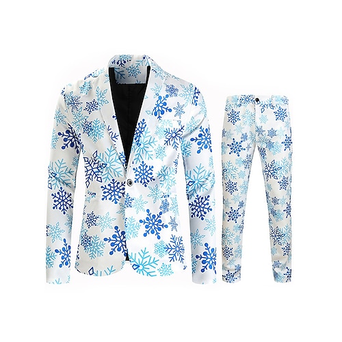 

White Men's Christmas Suits 2 Piece Snowflake Standard Fit Single Breasted One-button 2022