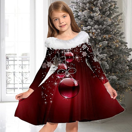 

Kids Girls' Christmas Dress Santa Claus Casual Dress Above Knee Dress Christmas Gifts Crewneck Long Sleeve Adorable Dress 2-13 Years Winter Blue Gold Wine