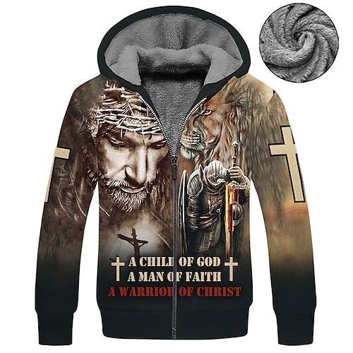 

Men's Fleece Jacket Full Zip Hoodie Fleece Hoodie Sherpa Jacket Green Blue Purple Red Brown Hooded Lion Knights Templar Graphic Prints Zipper Print Sports Outdoor Daily Sports 3D Print Fleece