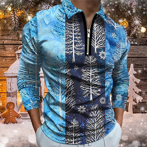 

Men's Collar Polo Shirt Golf Shirt Tree Turndown Blue 3D Print Outdoor Christmas Long Sleeve Zipper Print Clothing Apparel Fashion Designer Casual Breathable