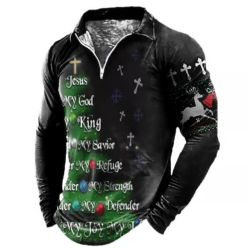 

Men's Collar Polo Shirt Golf Shirt Tree Letter Graphic Prints Turndown Black 3D Print Christmas Street Long Sleeve Zipper Print Clothing Apparel Fashion Designer Casual Breathable