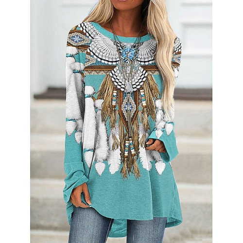 

Women's T shirt Tee Blue Gray Feather Print Long Sleeve Daily Weekend Basic Ethnic Round Neck Long Painting S