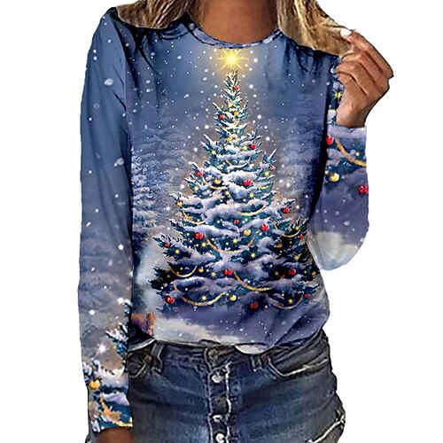 

Women's T shirt Tee Green Black Blue Christmas Tree Snowflake Print Long Sleeve Christmas Weekend Basic Round Neck Regular Painting S