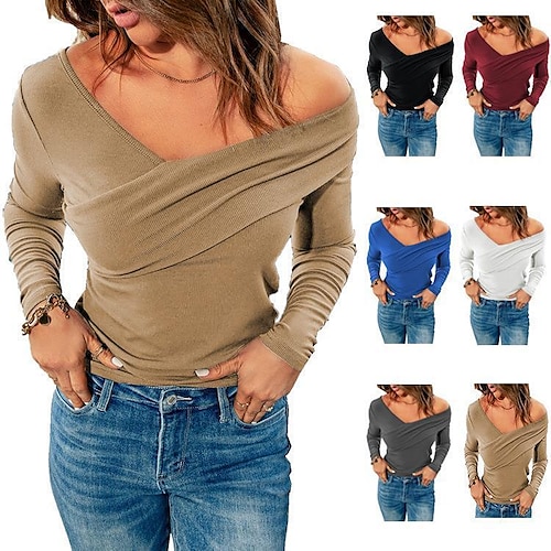 

2022 amazon europe and the united states autumn and winter new solid color v-neck off-the-shoulder long-sleeved wrap top cross-border women's clothing