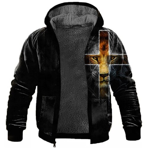 

Men's Full Zip Hoodie Jacket Black Hooded Animal Lion Graphic Prints Zipper Print Sports Outdoor Daily Sports 3D Print Fleece Streetwear Designer Casual Winter Clothing Apparel Hoodies Sweatshirts
