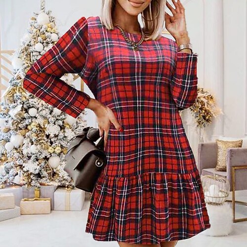 

Women's Christmas Casual Dress Shift Dress Short Mini Dress Red Long Sleeve Plaid Print Fall Winter Crew Neck Vacation Casual Loose Fit 2022 S M L XL