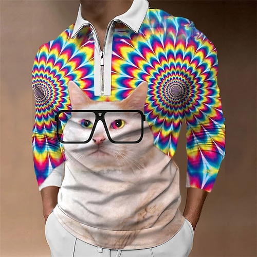 

Men's Polo Shirt Golf Shirt Animal Cat Graphic Prints Turndown Blue Rainbow White 3D Print Outdoor Street Long Sleeve Zipper Print Clothing Apparel Fashion Designer Casual Soft