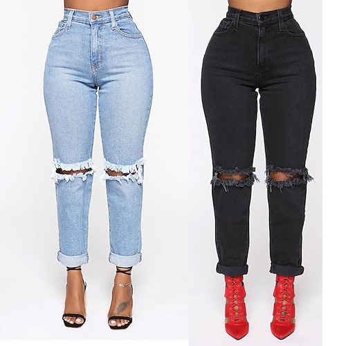 

Women's Tapered pants Jeggings Denim Light Blue Black High Waist Streetwear Casual Going out Casual Daily Pocket Full Length Outdoor Solid Colored S M L XL 2XL