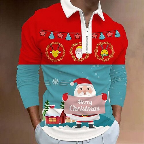 

Men's Collar Polo Shirt Golf Shirt Letter Santa Claus Graphic Prints Turndown Red 3D Print Christmas Street Long Sleeve Zipper Print Clothing Apparel Fashion Designer Casual Soft