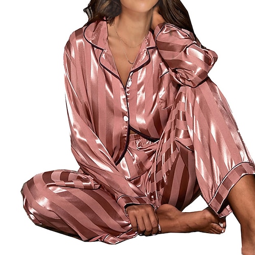 

Women's Pajamas Sets Stripe Simple Comfort Soft Christmas Daily Carnival Satin Gift Lapel Long Sleeve Shirt Pant Button Pocket Fall Spring Pink Fuchsia