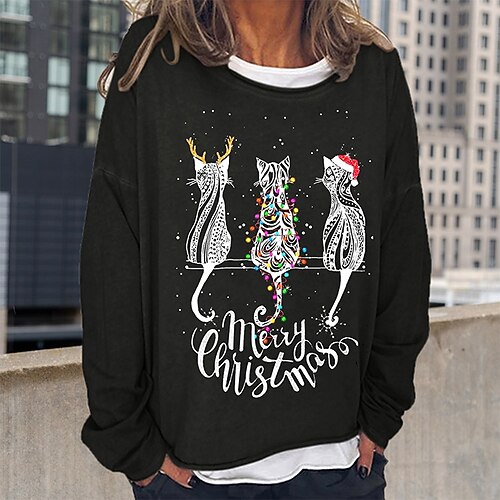 

Women's Sweatshirt Pullover Basic Black Cat Christmas Round Neck Long Sleeve S M L XL 2XL 3XL