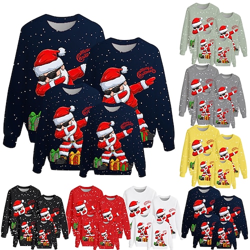 

Family Ugly Christmas Sweatshirt Pullover Graphic Santa Claus Outdoor Crewneck Green Black Blue Long Sleeve Cute Matching Outfits