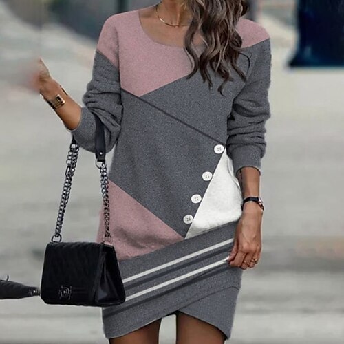 

Women's Casual Dress Shift Dress Mini Dress Gray Long Sleeve Color Block Patchwork Winter Fall Autumn Crew Neck Daily Vacation Loose Fit 2022 S M L XL XXL 3XL