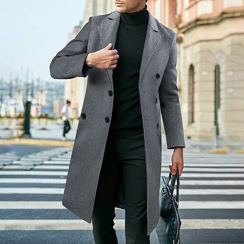 

Men's Casual Overcoat Long Standard Fit Solid Colored Double Breasted Six-buttons Camel Navy Blue Grey 2022