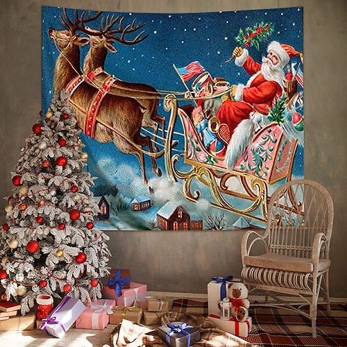 

Christmas Santa Claus Holiday Party Wall Tapestry Photography Background Art Decor Hanging Bedroom Living Room Decoration Reindeer Tree Snowman Elk Snowflake