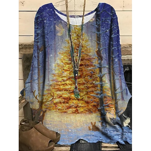 

Women's Plus Size Tops Blouse Shirt Snowman Christmas Tree Print Long Sleeve Crewneck Casual Christmas Daily Polyester Winter Fall Black Yellow