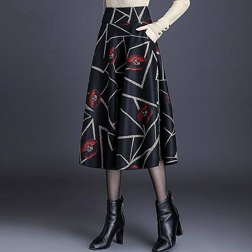 

Women's Swing Midi Polyester Black Skirts Print Elegant Casual Daily M L XL