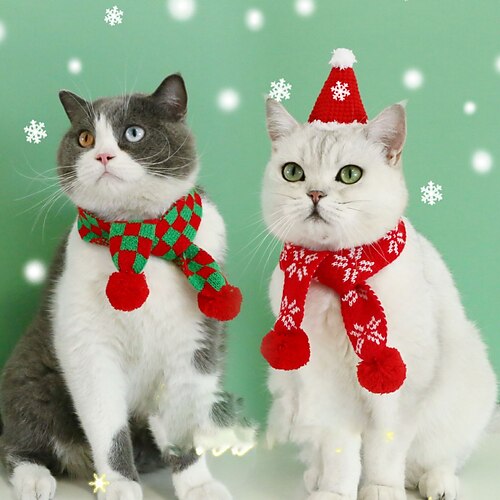 

2 Pcs Pet Cat Dog Dog Knitting Snowflake Lattice Rabbit Wool Scarf Warm Christmas Ball Scarf Bib Accessories