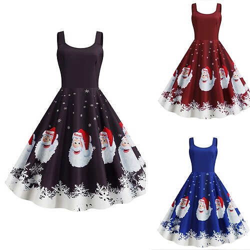 

Women's Christmas Swing Dress Slip Dress Knee Length Dress Blue Red Black Sleeveless Plaid Santa Claus Elk Cold Shoulder Print Fall Winter U Neck Vintage Stylish 2022 S M L XL XXL