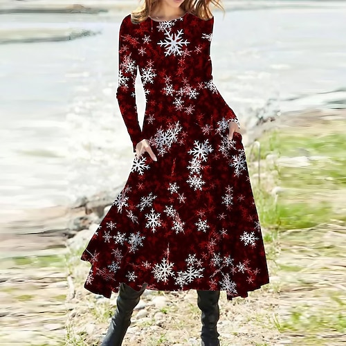 

Women's Christmas Casual Dress Swing Dress Midi Dress Wine Long Sleeve Snowflake Pocket Winter Fall Autumn Fashion Christmas Daily 2022 S M L XL XXL 3XL