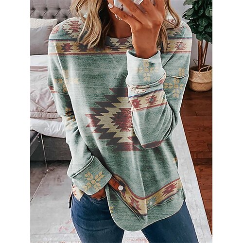 

Women's Sweatshirt Pullover Basic Ethnic Green Red Graphic Geometric Street Round Neck Long Sleeve S M L XL 2XL 3XL