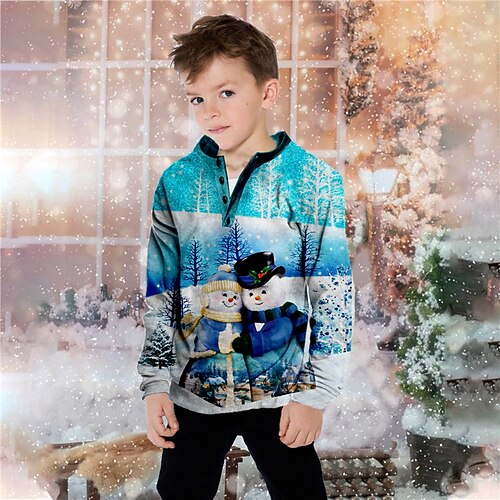 

Kids Boys Ugly Christmas Sweatshirt Pullover Cartoon Snowman Long Sleeve Button Children Top Casual Sweatshirt Pullover Adorable Blue Royal Blue Winter 7-13 Years Fall