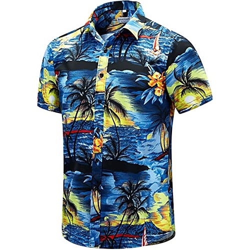 

Men's Shirt Color Block Coconut Tree Graphic Prints Turndown Blue Navy Blue 3D Print Outdoor Street Short Sleeves Button-Down Print Clothing Apparel Tropical Designer Casual Hawaiian