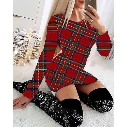 

Women's Christmas Casual Dress Bodycon Sheath Dress Mini Dress Green Black Wine Long Sleeve Plaid Print Winter Fall Autumn Crew Neck Fashion Daily 2022 S M L XL XXL 3XL 4XL 5XL 6XL