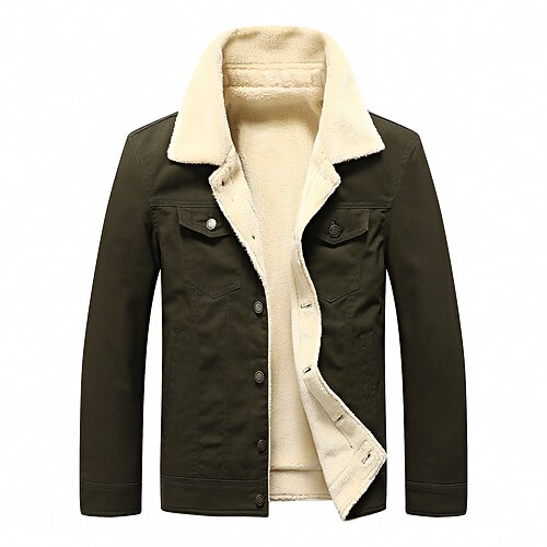 

Men's Fleece Jacket Jacket Warm Daily Wear Vacation Single Breasted Turndown Comfort Leisure Jacket Outerwear Solid / Plain Color Pocket Button-Down Black Green Khaki