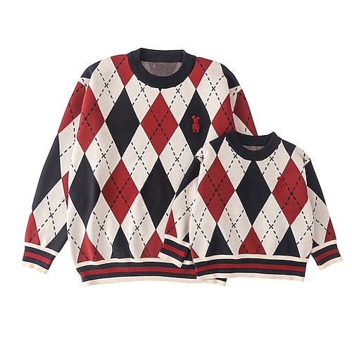 

Mommy and Me Sweater Cartoon Plaid Home Crewneck Red Long Sleeve Cute Matching Outfits
