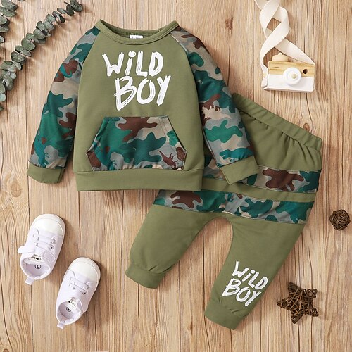 

2 Pieces Toddler Boys Sweatshirt & Pants Outfit Camo Long Sleeve Set Casual Active Adorable Winter Fall 3-7 Years Green