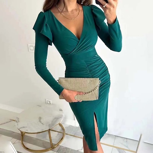 

Women's Bodycon Sheath Dress Mini Dress Green Rose Beige Long Sleeve Pure Color Ruched Winter Fall Spring V Neck Fashion Daily Spring Dress 2022 S M L XL XXL