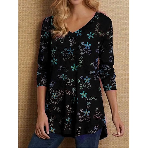 

Women's T shirt Tee Black Floral Print Long Sleeve Casual Vintage V Neck Regular Floral S