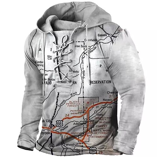

Men's Pullover Hoodie Sweatshirt Pullover Gray Hooded Map Graphic Prints Lace up Print Casual Daily Sports 3D Print Basic Streetwear Designer Spring Fall Clothing Apparel Hoodies Sweatshirts