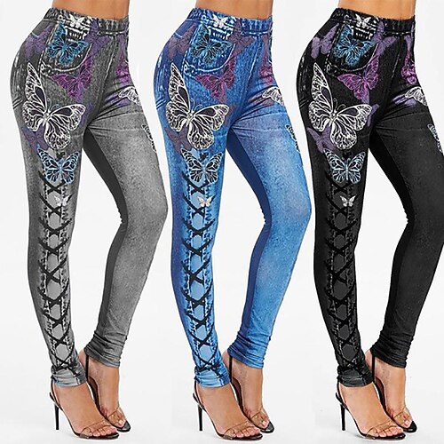 

Women's Leggings Jeggings Faux Denim Green Black Blue High Waist Sports Streetwear Daily Wear Yoga Print Stretchy Full Length Tummy Control Butterfly S M L XL 2XL