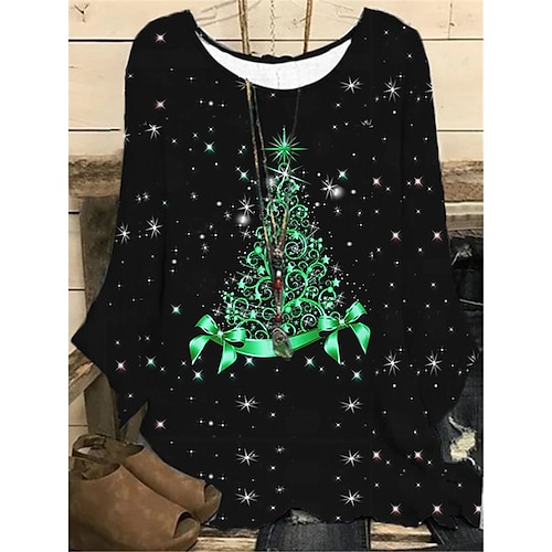 

Women's Plus Size Christmas Tops Blouse Shirt Tree Print Long Sleeve Crew Neck Casual Festival Daily Polyester Winter Fall Green Blue