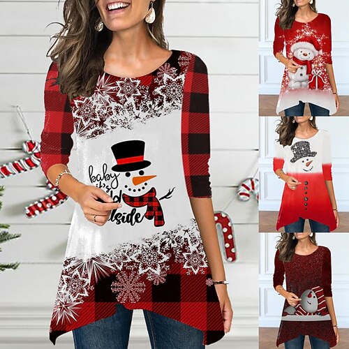

Women's T shirt Tee Flowing tunic Print Christmas Snowman Snowflake Basic Round Neck Wine Red Rose Pink White / Long Sleeve