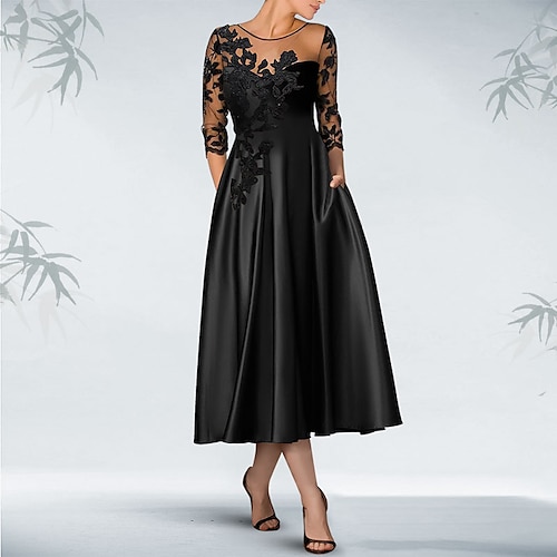 

A-Line Cocktail Dresses Luxurious Dress Formal Knee Length 3/4 Length Sleeve Off Shoulder Satin with Beading Appliques Pocket 2022