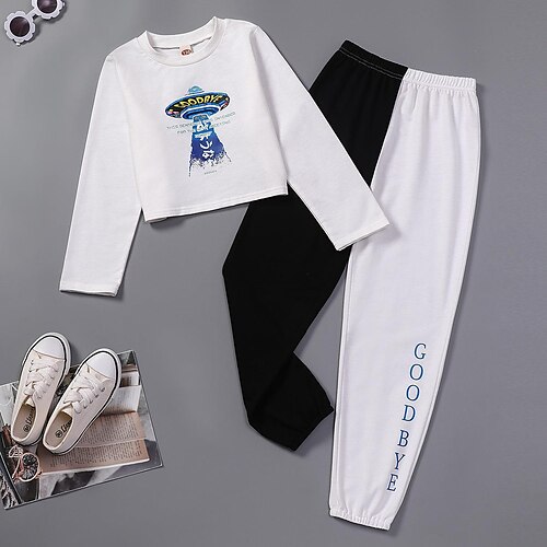 

2 Pieces Toddler Girls' Cartoon Sweatshirt & Pants Set Long Sleeve Active Outdoor 7-13 Years Winter White