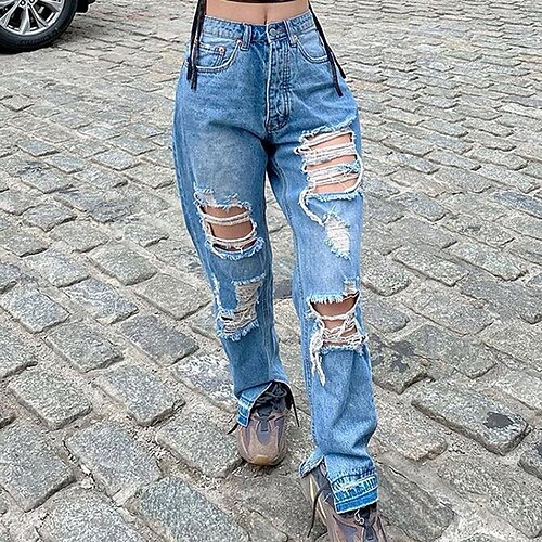 

Women's Jeans Straight Denim Blue Streetwear Casual Going out Casual Daily Full Length Outdoor Solid Colored S M L XL 2XL