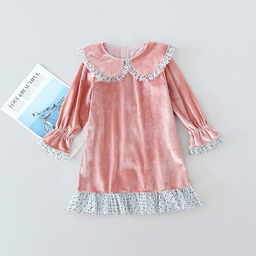 

Kids Girls' Dress Solid Color Velvet Dress Above Knee Dress Outdoor Crew Neck Long Sleeve Active Dress 3-7 Years Winter Pink